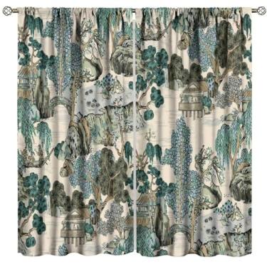 Imagem de Cortinas chinesas asiáticas japonesas, paisagem de montanha, arte oriental, pintura tradicional japonesa, cortinas de janela, para sala de estar, quarto, 107 cm L x 114 cm C (decorativo)