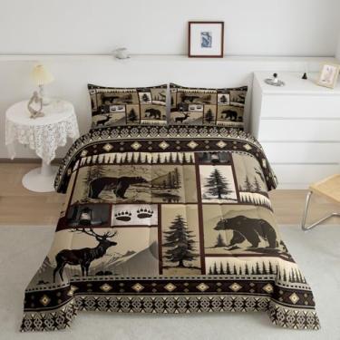 Imagem de jejeloiu Conjunto de edredom casal com urso e veado, casa de fazenda ocidental, para meninos, meninas, adolescentes e adultos, edredom de animais selvagens, respirável, macio, decoração de quarto, 3