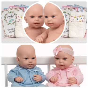 Imagem de Bebê Reborn Casal Gêmeos Careca Kit Lara Luca Enxoval Itens - Cegonha 