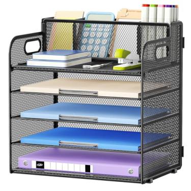 Imagem de Marbrasse Organizador de papel de 5 camadas com 3 porta-canetas, organizador de arquivos de mesa de malha com alça, organizador de mesa para material de escritório doméstico (preto)