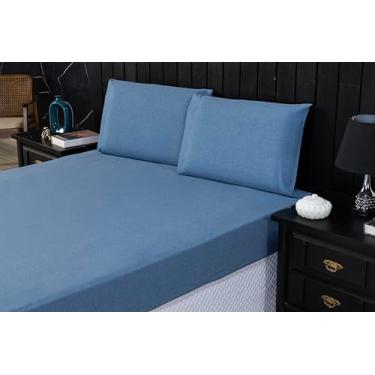 Imagem de Jogo de Cama Queen 400 Fios Percal 03 Pçs com Barra, Antiácaro, Antipilling e Toque Macio (Linho Azul)
