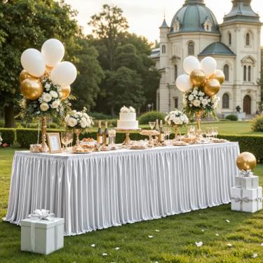 Imagem de Wish Care Saia de mesa de cetim prata longa de 5,2 m para mesas retangulares, saias de mesa com glitter, sem rugas, toalha de mesa plissada com babados para casamento, aniversário, chá de bebê, festa