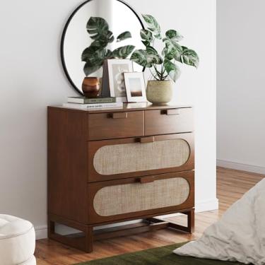 Imagem de Nathan James Paxton Cômoda moderna de meados do século para quarto, cômoda de 3 gavetas com moldura de madeira maciça e detalhe de vime têxtileno, nogueira escura