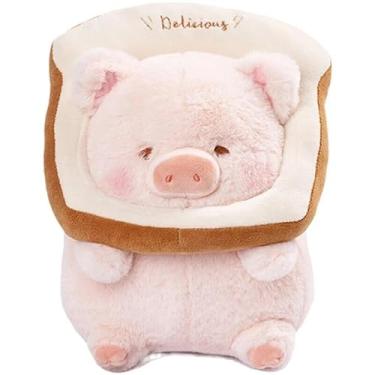 Imagem de Porquinho de Pelúcia Fofo com Pão de Forma na Cabeça Divertido e Macio Porco Estilo Criativo Kawaii