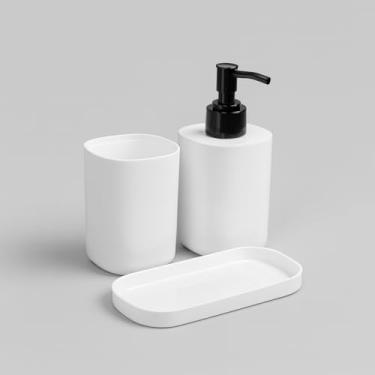 Imagem de Kit Banheiro Lavabo Porta Sabonete Liquido Escova Dente Dispenser Base Bandeja Branco