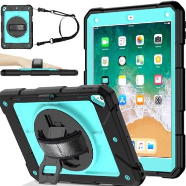 Imagem de BMOUO Capa para iPad 6ª 5ª geração (9,7 polegadas, 2018/2017), 3 camadas à prova de choque [suporte giratório 360] [alça de mão][suporte de lápis] capa infantil para iPad 9,7 polegadas 2018/2017, azul