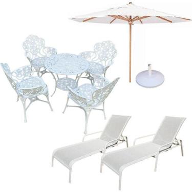 Imagem de Kit com Mesa, 4 Cadeiras Alumínio Fundido, Guarda Sol e 2 Espreguiçade