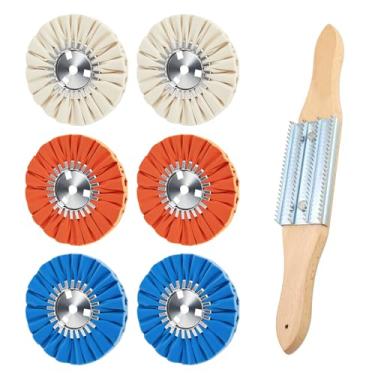 Imagem de QZATTCAEN Kit de Roda de Polimento de Vias Aéreas Kit de 7 Peças(2 Peças Brancas e 2 Peças Laranja e 2 Peças Azuis e 1 Ancinho de Polimento) 8 "De Diâmetro 5/8" No Furo do Mandril 16 Camadas para Reba