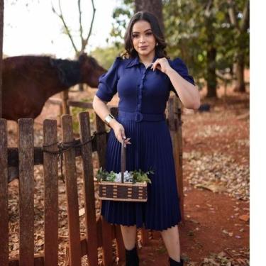 Imagem de Vestido mídi saia Plissada crepe de malha com elasticidade gola polo c