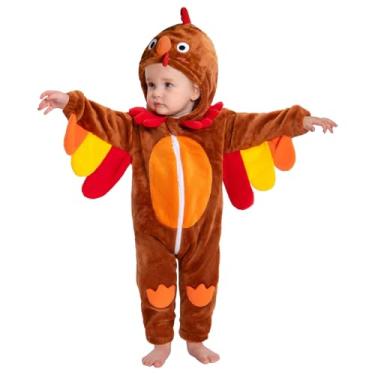 Imagem de OLAOLA Macacão de fantasia de animal de bebê, macacão infantil unissex de peru, fantasia de cosplay de pelúcia para bebês, fantasia de Halloween