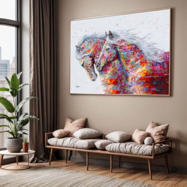 Imagem de Quadro com Moldura Sala Quarto Cavalo Colorido Decorativo Horizontal Grande Hall