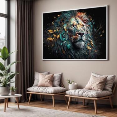 Imagem de Quadro com Moldura Sala Quarto Leão Abstrato com Folhas Decorativo Horizontal Grande Hall