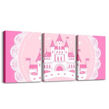 Imagem de jejeloiu Arte de parede em tela de princesa para meninas para sala de estar, quarto, 30,5 x 40,6 x 3 peças, desenho animado castelo rosa, decoração de parede para decoração de casa, banheiro para