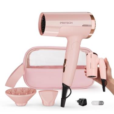 Imagem de PRITECH Secador de cabelo para viagem de voltagem dupla de 1250 W – Secador de cabelo dobrável com difusor concentrador, uso mundial de 110 V/220 V, design compacto e leve, plugue UE incluído