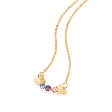 Imagem de Colar Rommanel Banhado Ouro 18k Borboletas e Zircônias Coloridas 53238