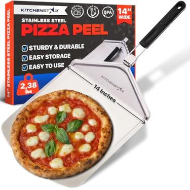Imagem de KitchenStar Peeling de pizza de aço inoxidável de 35,5 cm com alça dobrável de 25,4 cm, grande - espátula para transferência de pizza sem esforço e armazenamento fácil - Acessórios para forno de pizza