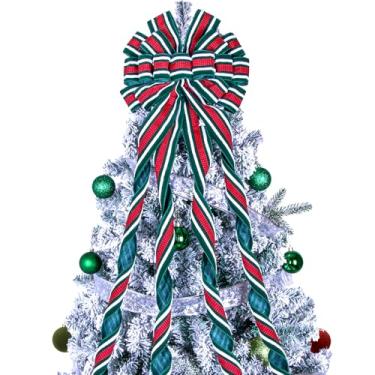 Imagem de Topper de árvore de Natal, laço grande, guirlanda de Natal, enfeite de árvore, tecido flocado com borda crua branca, laços de presente para enfeite de Natal, casa, Ação de Graças, decoração interna