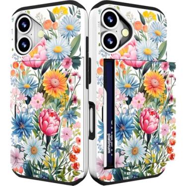 Imagem de IWONE Capa compatível com iPhone 17 com porta-cartões bonita à prova de choque proteção contra quedas capa carteira de telefone para mulheres - flores azuis rosa selvagem