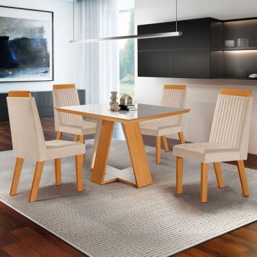 Imagem de Mesa de Jantar 4 Lugares Viena com Vidro Castanho Cinamomo/Suede Creme 17654 - Lj Móveis