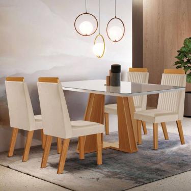 Imagem de Mesa de Jantar 4 Lugares Madri com Vidro Castanho/Cinamomo/Suede Creme - Lj Móveis