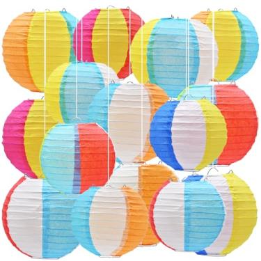 Imagem de Pacote com 15 lanternas de papel bola de praia – Decorações coloridas penduradas com fita e molduras para festa na piscina, luau de verão, aniversário ao ar livre