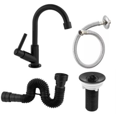 Imagem de Kit para Cuba de Banheiro, Torneira Preta ABS, Válvula 7/8", Sifão Sanfonado e Engate Flexível 40cm