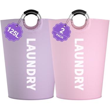 Imagem de IHOMAGIC Pacote com 2 cestas de roupa extra grandes de 125L, cesto de roupa suja dobrável com alças macias, cesta de roupas sujas em tecido Oxford 600D, cestas de roupas resistentes para viagens