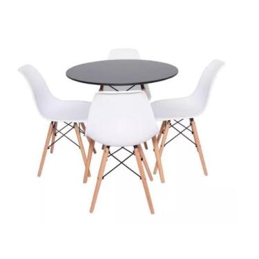 Imagem de Conjunto De Mesa De Jantar Eames Eiffel Redonda 120cm Tampo De Madeira Preto Com 4 Cadeiras Brancas
