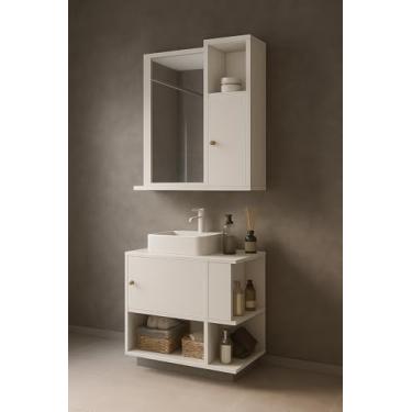 Imagem de Conjunto Kit Gabinete Armário Balcão Aéreo Suspenso Lavabo Pia Banheiro Compacto 1 Porta Nicho Organizador com Espelheira Suspensa Parede Bancada Prateleira Espelho 1 Porta Deca Aqua (Branco)