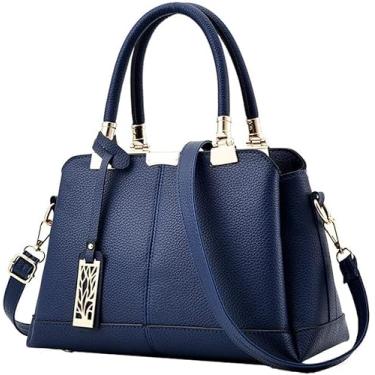 Imagem de Bolsa Feminina Lychee Pattern Top Handbag Tote Bag Pasta Com Alça De Ombro De Couro Destacável, Blue