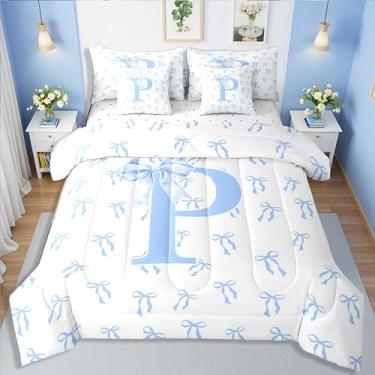 Imagem de Erosebridal Conjunto de edredom solteiro com laço e letra P para meninas, 7 peças, fita azul e branca, conjunto de cama de princesa em uma bolsa, azul, aquarela, laço e nó