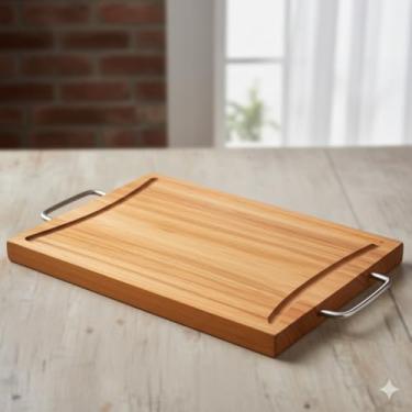 Imagem de Tábua de Churrasco Premium em Madeira Eucalipto, Grande, com Alça em Aço Inoxidável, para Corte de Carnes e Legumes