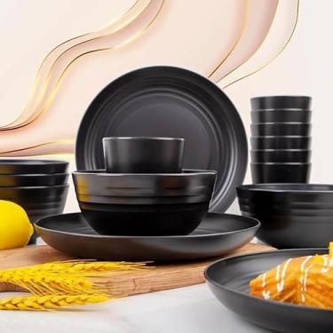 Imagem de Conjunto de Jantar em Melamina, Preto Fosco, 18 Peças, 6 Pratos 22,5cm, 6 Tigelas 15cm, 6 Copos 8,5cm, para Refeições Diárias