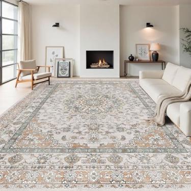 Imagem de Tapetes cinza laváveis para sala de estar, tapete persa antiderrapante para quarto, sala de jantar embaixo da mesa, tapete vintage de pelo baixo, tapete macio (9 x 12 cinza cáqui)