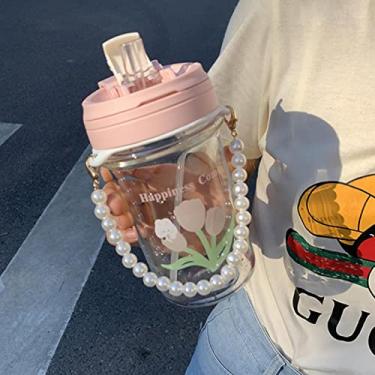 Imagem de Garrafa de água com flor fofa de 500 ml para corrente de pérola portátil vidro transparente duplo beber caneca de café xícara de chá de leite