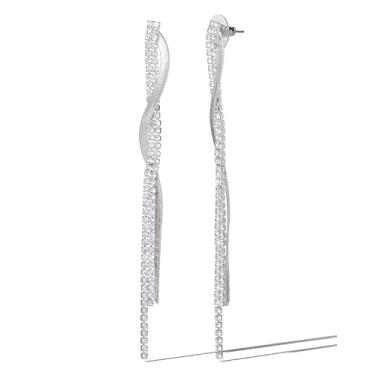 Imagem de Jessica Simpson Brincos femininos longos de borla de strass prateados – Brincos pendentes de franja de corrente torcida – Joias elegantes