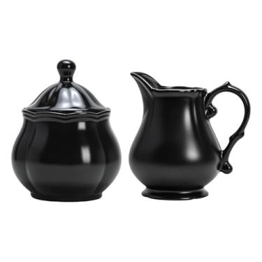Imagem de SOCOSY Conjunto retrô de cerâmica e açucareiro, jarra de creme e açucareiro com tampa, conjunto de servir café - preto