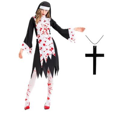 Imagem de Xinxiaomeng Fantasia de freira sangrenta para mulheres, vestido de freira assustadora, colar de cruz, acessórios de fantasia de Halloween