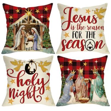 Imagem de Fjfz Capas de almofada decorativas cristãs de Natal 40,6 x 40,6 cm conjunto de 4, Natal religioso Jesus O Holy Night varanda decoração de casa ao ar livre, capa de almofada de sofá xadrez de inverno e