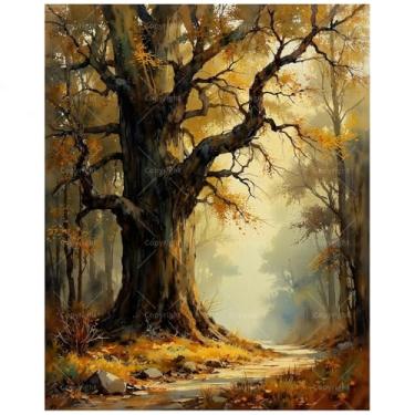 Imagem de DecorFriday Kit de pintura de paisagem florestal por números para adultos - Pintura de trilha de árvore de outono DIY em tela 40,6 x 50 cm, conjunto de tinta acrílica, adequado para iniciantes, arte