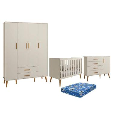 Imagem de Dormitório Infantil Isis Guarda Roupa 4 Portas, Cômoda 1 Porta e Berço Areia com Colchão - Reller Móveis