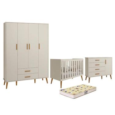 Imagem de Dormitório Infantil Isis Guarda Roupa 4 Portas, Cômoda 1 Porta e Berço Areia com Colchão D18 - Reller Móveis