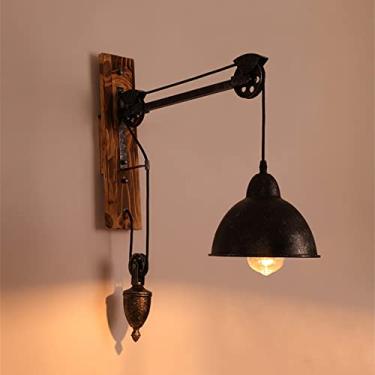 Imagem de Luminária de parede estilo fazenda, arandela industrial de madeira, luminária de parede vintage com polia, decoração de celeiro para sala de estar, luminária de parede steampunk, arandelas d