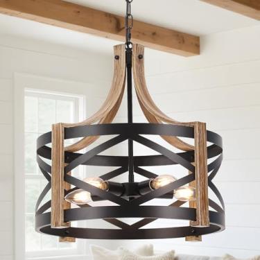 Imagem de Mgcanyu Lustre de fazenda para sala de jantar, luminária pendente de textura de madeira sintética rústica de 5 luzes com corrente ajustável para sala de estar, quarto, cozinha, ilha, hall de entrada