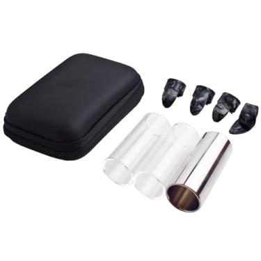 Imagem de Liyacial Slide de guitarra, 2 slides de vidro e 1 slide de guitarra de aço para elétrica e acústica, com 3 palhetas de dedo, 1 palheta de polegar e caixa portátil para guitarra e baixo, médio (6 cm)