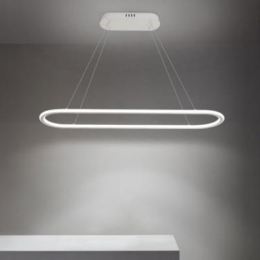 Imagem de Lustre moderno branco longo linear lustre regulável luzes pendentes LED 45W ouro sala de jantar teto lâmpada pendurada para ilha de cozinha sala de estar restaurante bar, branco 90cm