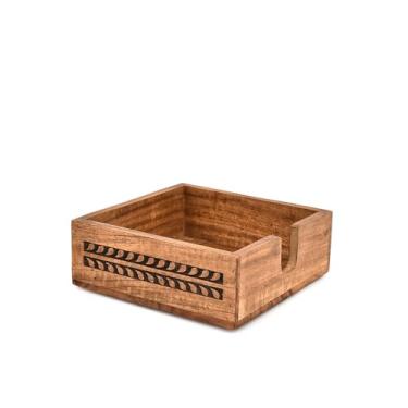 Imagem de Hanol Porta-guardanapos organizador de guardanapos de madeira rústica quadrada de acácia para cozinha, mesa de jantar e bancada (19 cm x 19 cm x 6,3 cm)