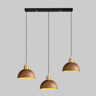 Imagem de BUUQSGKV Candeeiro de lustre de sala de jantar, candeeiro suspenso de cúpula de nogueira com acabamento à prova de óleo, candeeiro suspenso em latão com abajur de madeira, luzes pendentes minimalistas