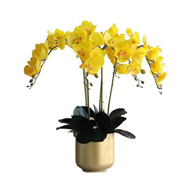 Imagem de DCYEQRQ Flores artificiais para decoração DIY borboleta orquídea artificial com vaso de cerâmica Phalaenopsis arranjo de flores artificiais para festa de casamento plano de flores artificiais