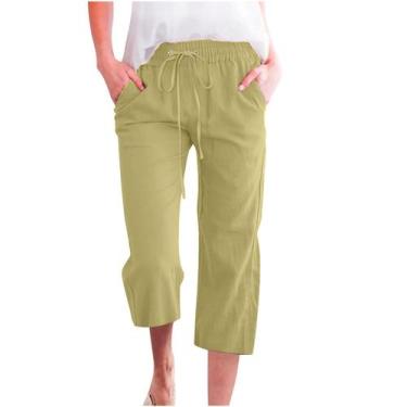 Imagem de Calça Capri feminina, algodão, linho, casual, verão, verde XXXXXL - Ma
